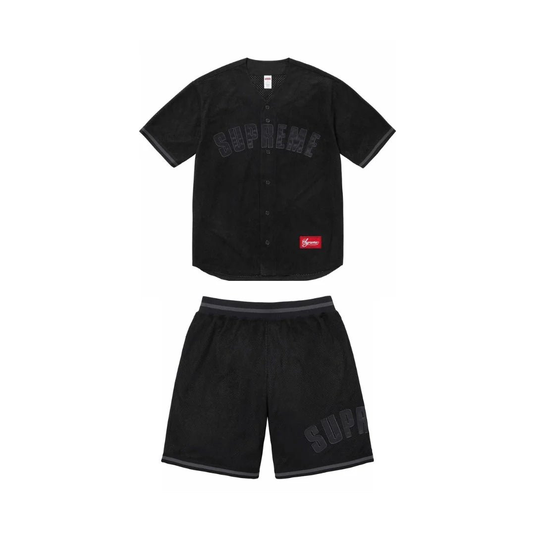 SUPREME ULTRASUEDE MESH BASEBALL JERSEY AND SHORT SET BLACK